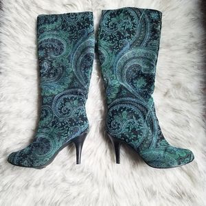 🔥Diba Green Paisley Heeled Knee Boots👢💚🖤💙💛